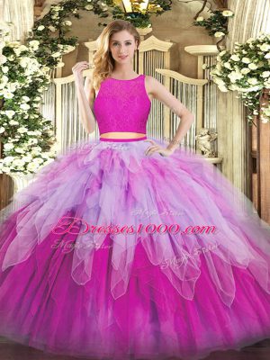 Simple Scoop Sleeveless Ball Gown Prom Dress Floor Length Lace and Ruffles Fuchsia Organza