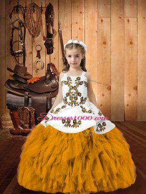 Gold Lace Up Little Girl Pageant Dress Embroidery and Ruffles Sleeveless Floor Length