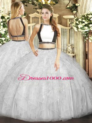 Sleeveless Floor Length Ruffles Backless Quince Ball Gowns with Grey