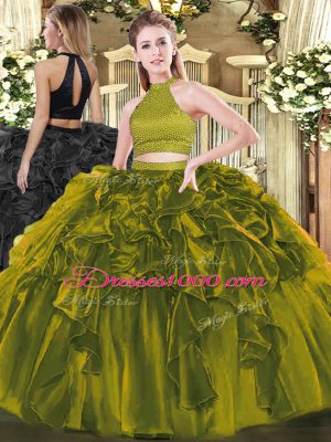 High Class Organza Halter Top Sleeveless Backless Beading and Ruffles 15th Birthday Dress in Olive Green