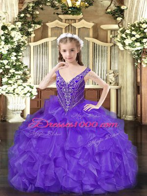 Nice Lavender V-neck Neckline Beading and Ruffles Little Girls Pageant Dress Wholesale Sleeveless Lace Up