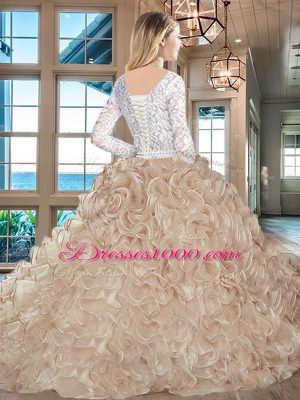 Lace and Fading Color Long Sleeves 15th Birthday Dress Brush Train and Lace and Ruffles