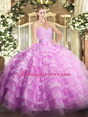 Lilac Sleeveless Floor Length Beading and Ruffled Layers Lace Up 15th Birthday Dress