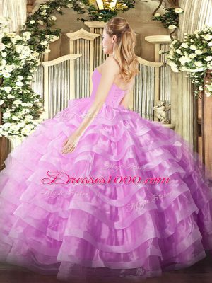 Lilac Sleeveless Floor Length Beading and Ruffled Layers Lace Up 15th Birthday Dress