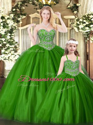 Green Lace Up Sweetheart Beading Ball Gown Prom Dress Tulle Sleeveless