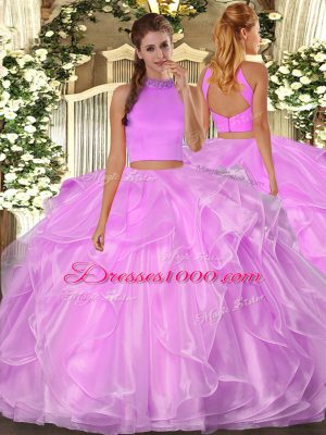 Glamorous Lilac Halter Top Neckline Beading and Ruffles Quinceanera Gown Sleeveless Backless