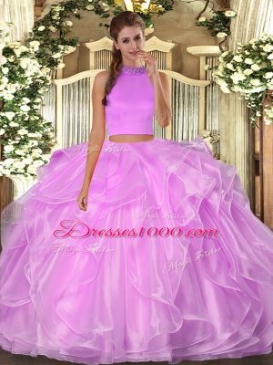 Glamorous Lilac Halter Top Neckline Beading and Ruffles Quinceanera Gown Sleeveless Backless