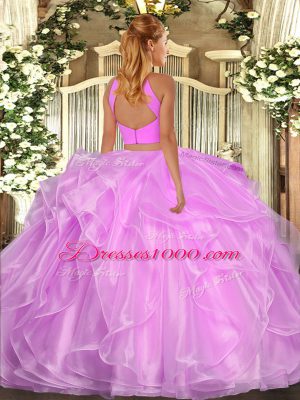 Glamorous Lilac Halter Top Neckline Beading and Ruffles Quinceanera Gown Sleeveless Backless