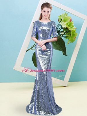 Mermaid Homecoming Dress Blue Scoop Sequined Half Sleeves Floor Length Zipper