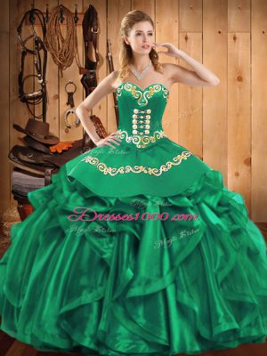 Delicate Green Sweetheart Neckline Embroidery and Ruffles 15th Birthday Dress Sleeveless Lace Up