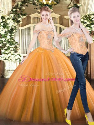 Custom Made Orange Red Two Pieces Beading 15 Quinceanera Dress Lace Up Tulle Sleeveless Floor Length