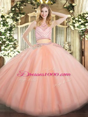 Most Popular Tulle High-neck Sleeveless Zipper Beading 15 Quinceanera Dress in Peach