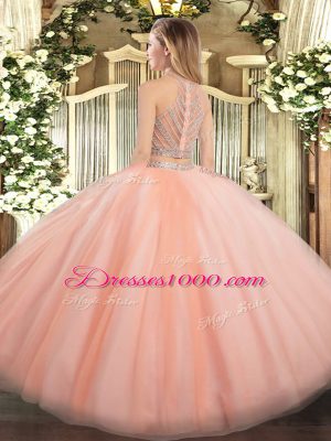 Most Popular Tulle High-neck Sleeveless Zipper Beading 15 Quinceanera Dress in Peach