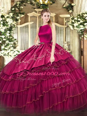 Perfect Scoop Sleeveless Quinceanera Gown Floor Length Embroidery and Ruffled Layers Fuchsia Organza