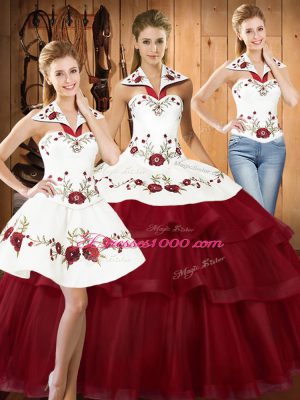 Deluxe Wine Red Lace Up Sweet 16 Quinceanera Dress Embroidery and Ruffled Layers Sleeveless With Train Sweep Train