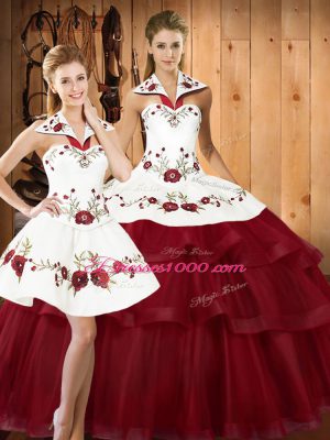 Deluxe Wine Red Lace Up Sweet 16 Quinceanera Dress Embroidery and Ruffled Layers Sleeveless With Train Sweep Train