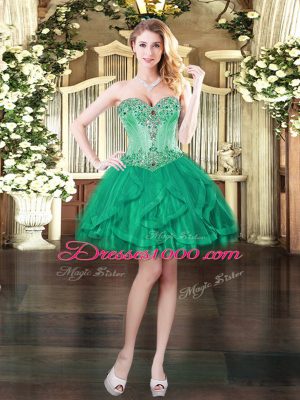 Exceptional Turquoise Lace Up Evening Dress Beading and Ruffles Sleeveless Mini Length