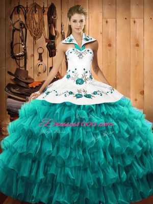 Turquoise Halter Top Lace Up Embroidery and Ruffled Layers 15 Quinceanera Dress Sleeveless