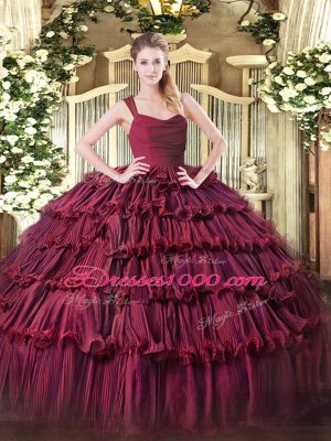 Trendy Burgundy Sleeveless Organza Zipper Quince Ball Gowns for Sweet 16 and Quinceanera