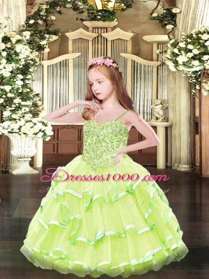 High End Appliques Little Girls Pageant Dress Wholesale Yellow Green Lace Up Sleeveless Floor Length