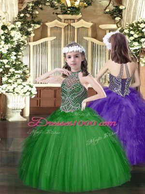 Dark Green Halter Top Lace Up Beading and Ruffles Evening Gowns Sleeveless