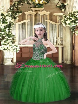 Dark Green Halter Top Lace Up Beading and Ruffles Evening Gowns Sleeveless