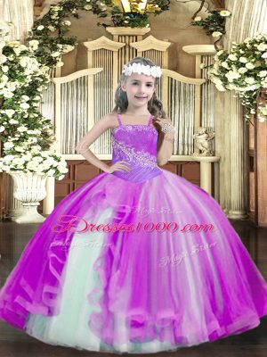 Fuchsia Lace Up Straps Beading Pageant Dress Womens Tulle Sleeveless