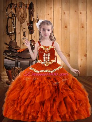 Orange Red Straps Neckline Embroidery and Ruffles Pageant Dress for Teens Sleeveless Lace Up