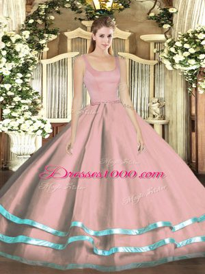 Dramatic Floor Length Pink Quince Ball Gowns Tulle Sleeveless Ruffled Layers