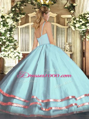 Dramatic Floor Length Pink Quince Ball Gowns Tulle Sleeveless Ruffled Layers