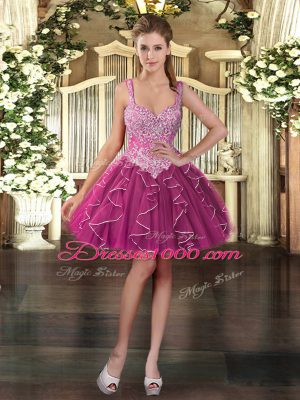 Straps Sleeveless Zipper Prom Gown Fuchsia Organza