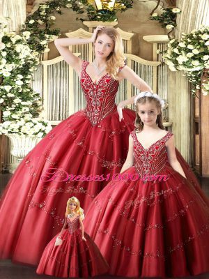 Traditional Red Sleeveless Tulle Lace Up Quinceanera Dress for Military Ball and Sweet 16 and Quinceanera