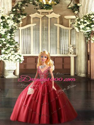 Traditional Red Sleeveless Tulle Lace Up Quinceanera Dress for Military Ball and Sweet 16 and Quinceanera