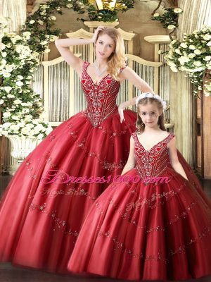 Traditional Red Sleeveless Tulle Lace Up Quinceanera Dress for Military Ball and Sweet 16 and Quinceanera