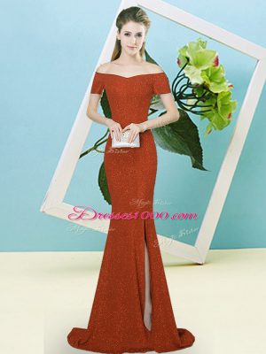 Modest Rust Red Dress for Prom Sequined Sweep Train Short Sleeves Sequins