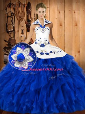 Colorful Blue And White Lace Up Halter Top Embroidery and Ruffles 15th Birthday Dress Satin and Organza Sleeveless