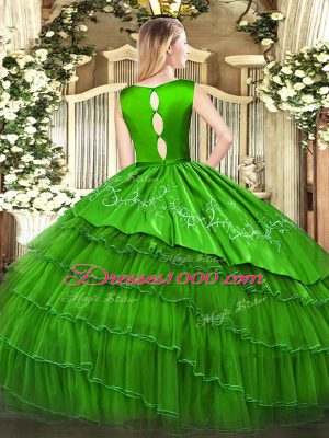 Exceptional Olive Green Lace Up Quinceanera Gowns Embroidery and Ruffled Layers Sleeveless Floor Length