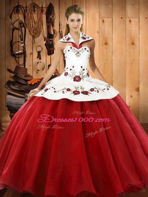 Sumptuous Wine Red Lace Up Quinceanera Gowns Embroidery Sleeveless Floor Length