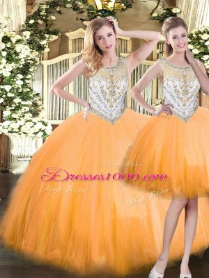 Exquisite Orange Red Tulle Zipper 15 Quinceanera Dress Sleeveless Floor Length Beading