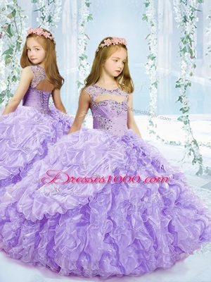Scoop Sleeveless Little Girl Pageant Dress Floor Length Beading and Ruffles and Pick Ups Lavender Organza