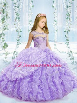 Scoop Sleeveless Little Girl Pageant Dress Floor Length Beading and Ruffles and Pick Ups Lavender Organza