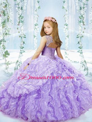 Scoop Sleeveless Little Girl Pageant Dress Floor Length Beading and Ruffles and Pick Ups Lavender Organza