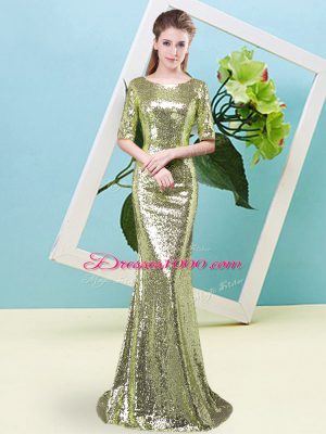 Half Sleeves Sequined Floor Length Zipper Homecoming Dress in Yellow Green with Sequins