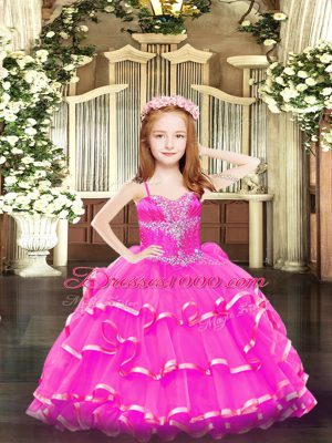 Hot Pink Ball Gowns Beading and Ruffled Layers Girls Pageant Dresses Lace Up Organza Sleeveless Floor Length