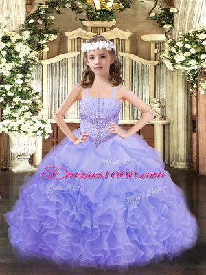 Most Popular Sleeveless Organza Floor Length Lace Up Little Girls Pageant Gowns in Lavender with Beading and Ruffles and Pick Ups