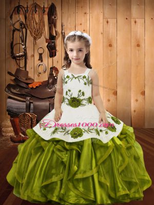 Olive Green Kids Pageant Dress Sweet 16 and Quinceanera with Embroidery and Ruffles Straps Sleeveless Lace Up