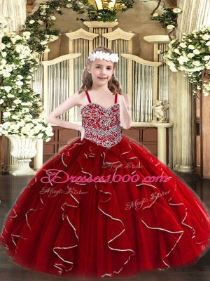 Wine Red Straps Neckline Beading and Ruffles Pageant Dress Wholesale Sleeveless Lace Up