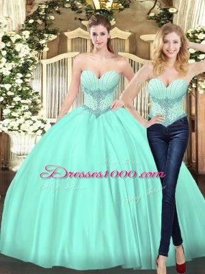 Dazzling Tulle Sweetheart Sleeveless Lace Up Beading Sweet 16 Quinceanera Dress in Apple Green
