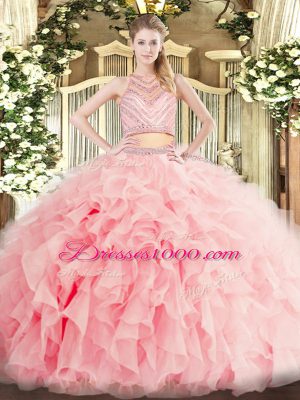 Flirting Scoop Sleeveless Tulle Quince Ball Gowns Beading and Ruffles Zipper