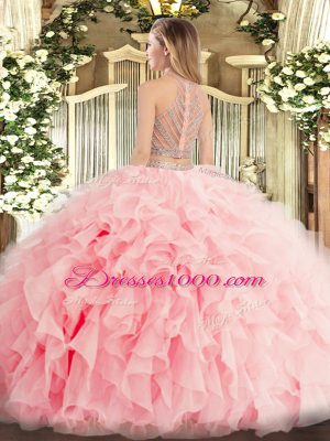 Flirting Scoop Sleeveless Tulle Quince Ball Gowns Beading and Ruffles Zipper